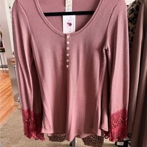 Women’s Pink Lace-Cuff Thermal Henley Top